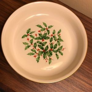Lenox Round Holliday Vintage Candy Dish with green holly & red berries